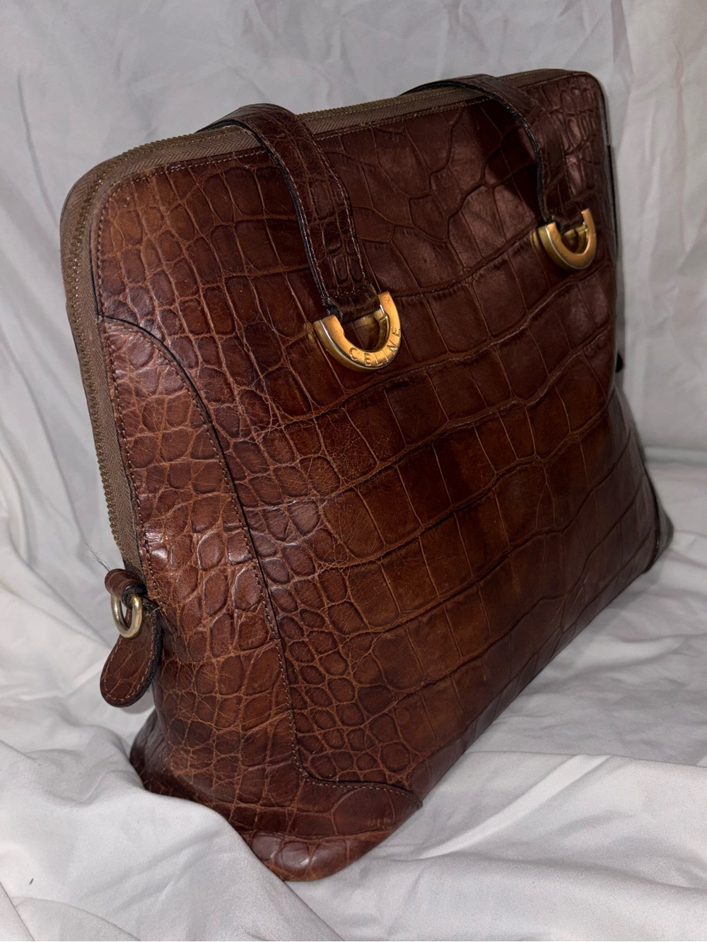 Vintage Celine Croc-Embossed Leather Tote Bag – Brown - Picture 3 of 10